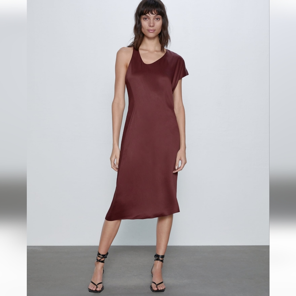 Zara Asymmetric Chic One-Shoulder Burgundy Dress L